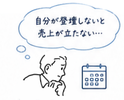 「自分が登壇しないと売上が立たない…」と悩む講師のイラスト